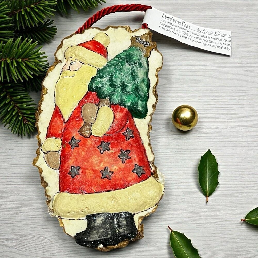 Handmade Paper Santa Ornament w/Tree Artist Kevin Kloppenburg Signed Folk Art